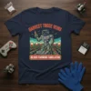 Robot harvesting blood in a field with text "Harvest Those Veins Blood Farming Simulator" on a navy t-shirt