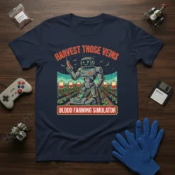 Robot harvesting blood in a field with text "Harvest Those Veins Blood Farming Simulator" on a navy t-shirt