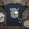 Navy t-shirt with white text "HAS ANYONE SEEN MY PHONE ?" and a graphic of lost items swirling around a