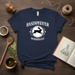 Navy t-shirt with "HASENPFEFFER INCRNOPRATED" text and a running rabbit graphic in a circle