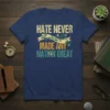 Hate Never Made Any Nation Great quote t-shirt with olive branch and earth graphic, vintage distressed style