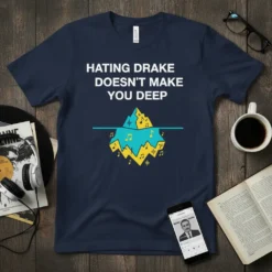 T-shirt with white text "HATING DRAKE DOESN'T MAKE YOU DEEP" above an iceberg graphic with musical notes