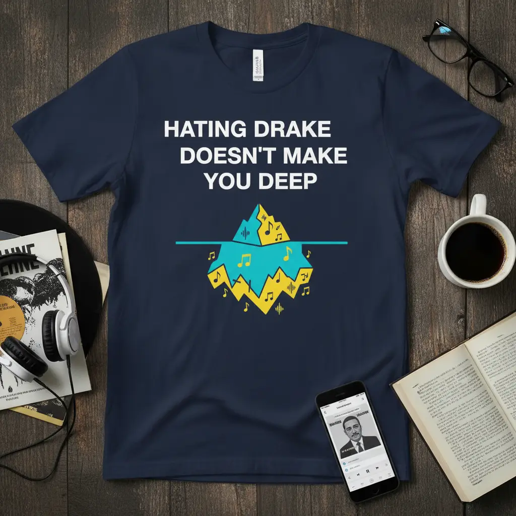 Hating Drake Doesn't Make You Deep quote on a t-shirt with a musical iceberg graphic