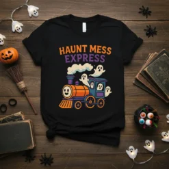 Black t-shirt with "Haunt Mess Express" text and a cartoon ghost train graphic, featuring ghosts and smoke