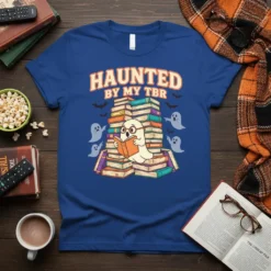 Haunted by My TBR t-shirt design with a cute ghost reading a book amidst a pile of literary works and