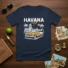 Havana Cuba text with a vintage yellow convertible car, palm trees, and iconic buildings, printed on a navy t-shirt