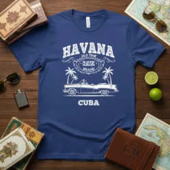 Havana Old Time Classic Brand Cuba T-Shirt with vintage car, palm trees, and retro typography