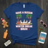 Have A Bussin Winter Break Bruh funny Christmas t-shirt with snowmen on a beach