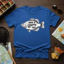 Have A Crappie Day text on a black and white crappie fish graphic on a royal blue t-shirt