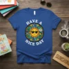 T-shirt with "HAVE A NICE DAY" text and a colorful, smiling sun graphic in a retro stained-glass style