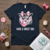 Have A Sweet Day text with a cute owl wearing pink glasses and blowing pink bubble gum on a navy