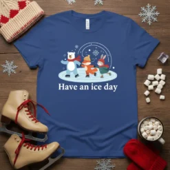 Have an Ice Day t-shirt with cartoon polar bear, fox, and rabbit ice skating