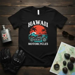 Hawaii Motorcycles T-Shirt featuring a vintage motorcycle on a beach with palm trees and a sunset graphic