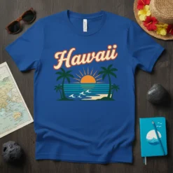 Blue t-shirt with "Hawaii" text in retro font, palm trees, and a sunset over the ocean
