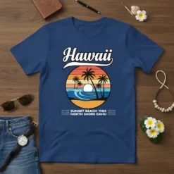 Hawaii Sunset Beach North Shore Oahu t-shirt design with palm trees, ocean waves, and a retro sun graphic