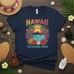 Hawaii The Aloha State t-shirt with vintage sunset, palm trees, hibiscus flowers, and ocean waves graphic