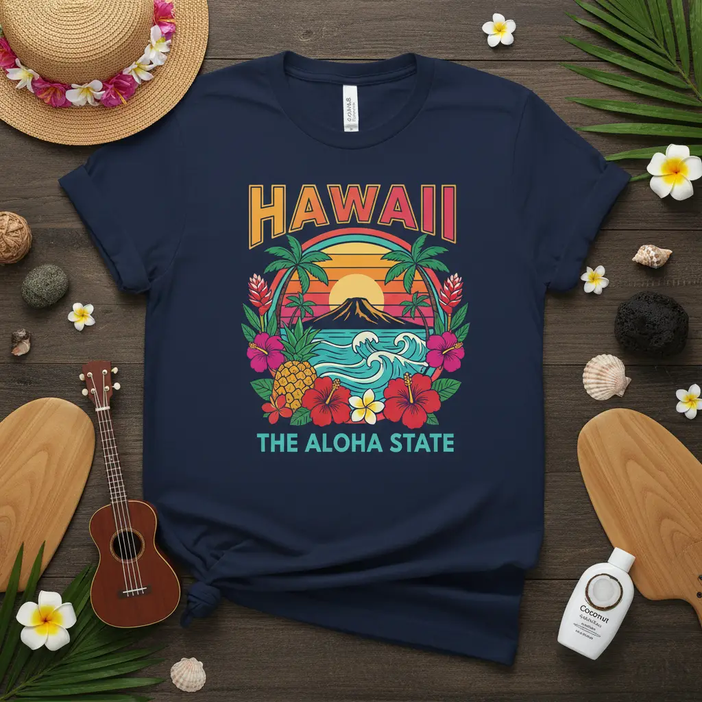 Vibrant vintage sunset graphic on a HAWAII THE ALOHA STATE t-shirt with tropical elements