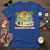 Hawaiian Cat Luau T-Shirt design featuring cartoon cats in tropical attire at a beach party with palm trees and a