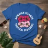 Hawaiian Islands Tropical Blossoms text design with pink and light pink hibiscus flowers on a blue t-shirt