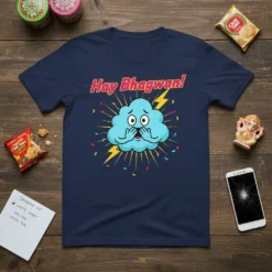Navy blue t-shirt with "Hay Bhagwan!" text above a blue cartoon cloud with wide eyes and hands covering its mouth