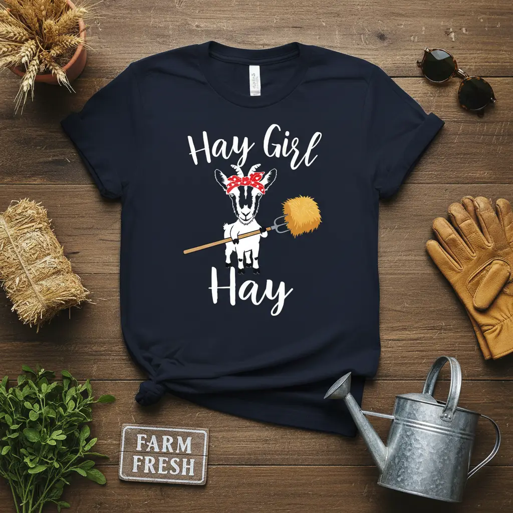 Hay Girl Hay text and cute goat graphic with bandana and pitchfork on a navy t-shirt