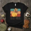 Hay Girl t-shirt with cartoon horse and hay bale, vintage stripes, equestrian graphic