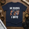He Barks I Bite Rottweiler graphic T-Shirt design with white text and an aggressive dog illustration