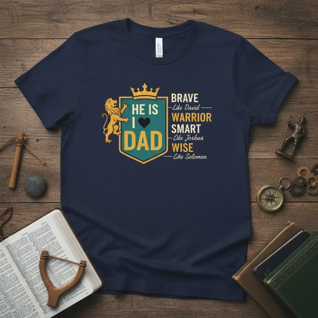 HE IS I DAD BRAVE WARRIOR SMART WISE quote on a navy t-shirt with lion emblem