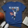 He Is Rizzin' Jesus basketball t-shirt with American flag cape dunking on a hoop