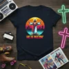 He Is Rizzin' retro t-shirt with Jesus on a skateboard, colorful sunset, and city skyline