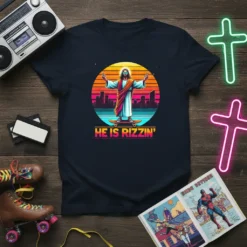 He Is Rizzin' retro t-shirt with Jesus on a skateboard, colorful sunset, and city skyline