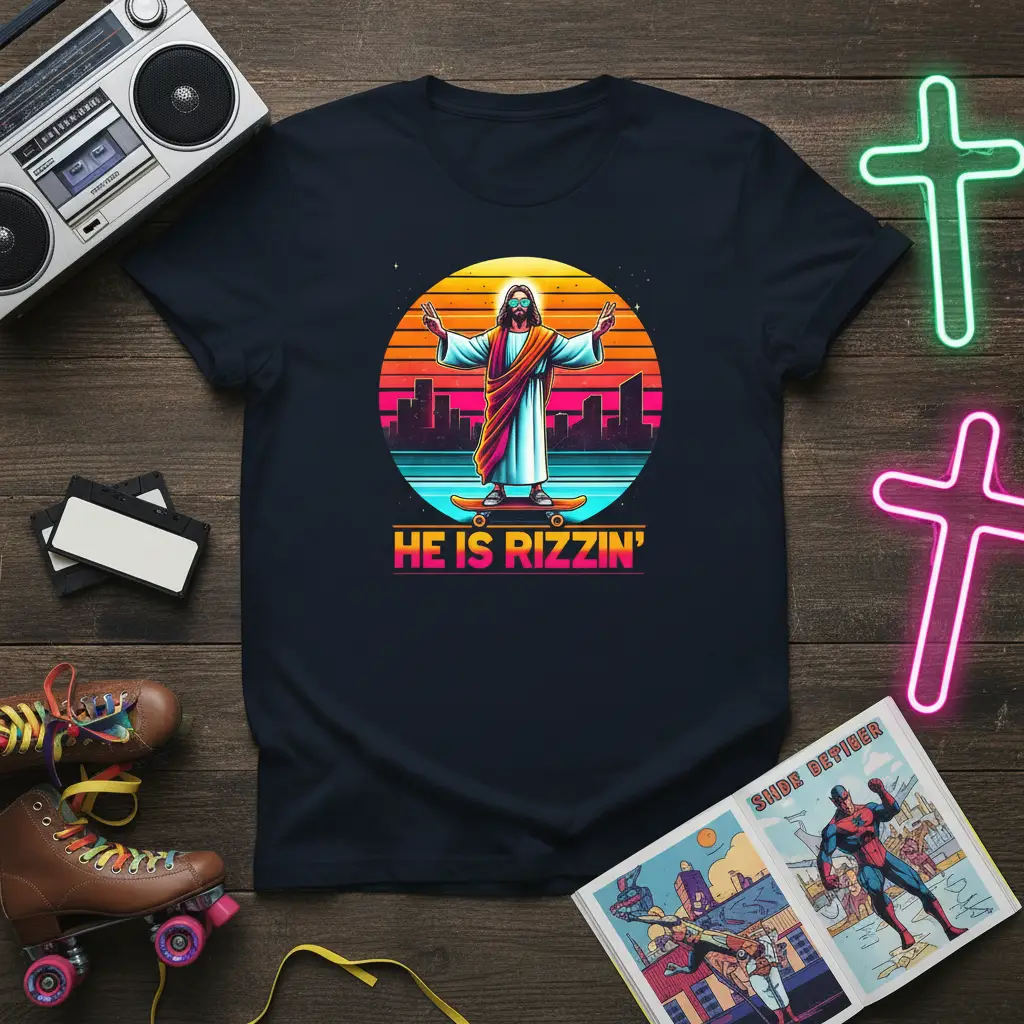 He Is Rizzin’ Jesus Skateboard Retro T-Shirt Funny Christian Gift