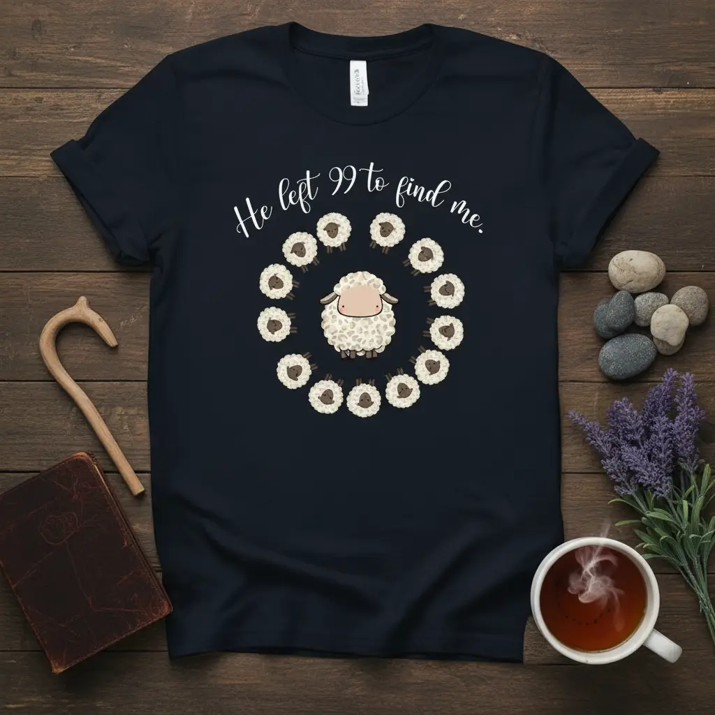 He Left 99 To Find Me Christian quote with a cute sheep and flock design on a dark t-shirt