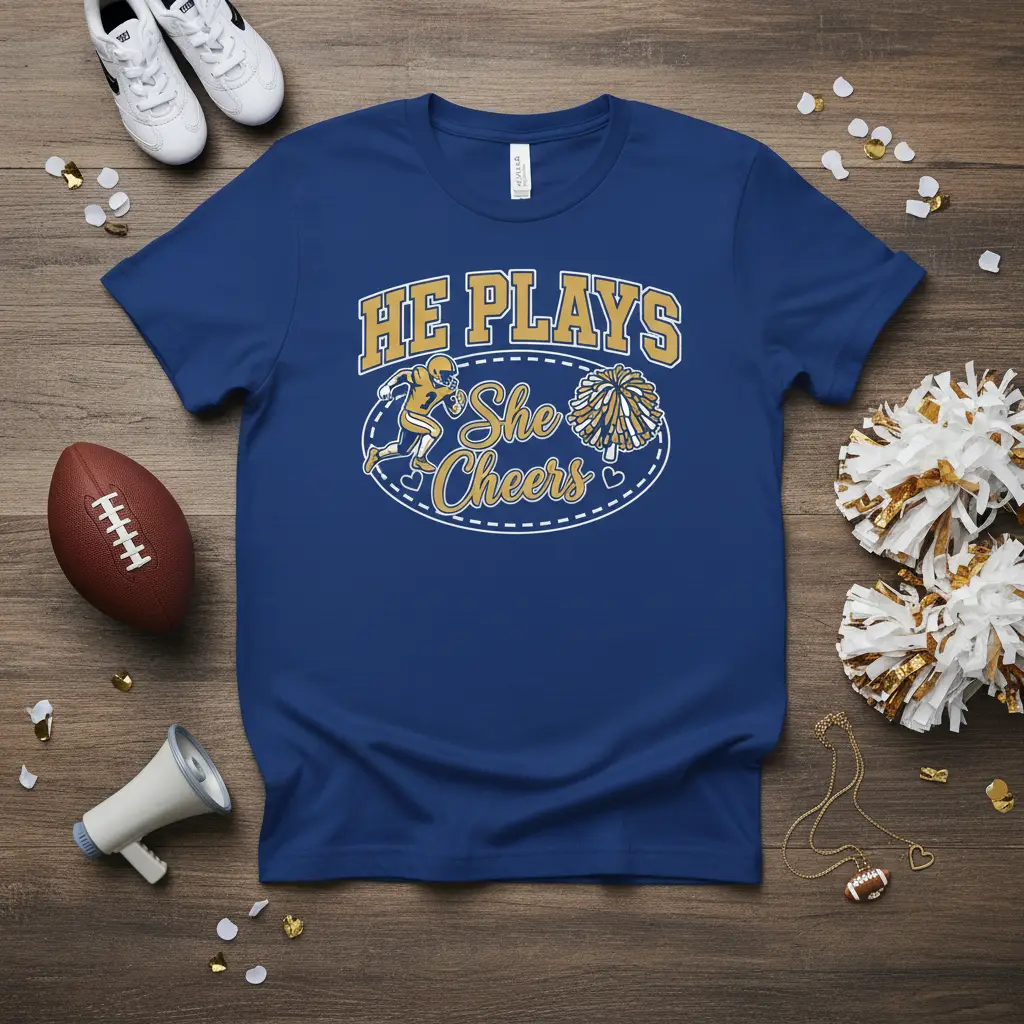 He Plays She Cheers Football & Cheer T-Shirt Couple Gift