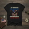 T-shirt with text "HE WHO SAVES HIS COUNTRY DOES NOT VIOLATE ANY LAW" above an eagle and American flag graphic