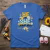 He or She What Will Baby Bee? gender reveal t-shirt design with yellow and blue typography and cute bee graphics