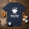 Head Chef NO EXPERIENCE REQUIRED text with chef hat and mustache graphic on a navy t-shirt, perfect for funny kitchen