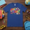 Retro groovy 'HEAD START' text with flowers, rainbow, and school icons on a blue t-shirt
