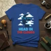 Head In The Clouds quote t-shirt design featuring a silhouette of a head surrounded by clouds, blue and red text