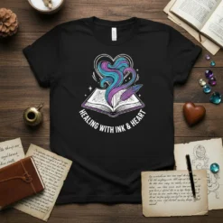 Healing With Ink & Heart t-shirt design featuring an open book, swirling ink, and a feather quill, perfect for writers