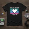 HEALTH: 100/100 LEVEL: 99 pixel art gaming shirt with a retro health bar and heart icon
