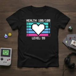 HEALTH: 100/100 LEVEL: 99 pixel art gaming shirt with a retro health bar and heart icon