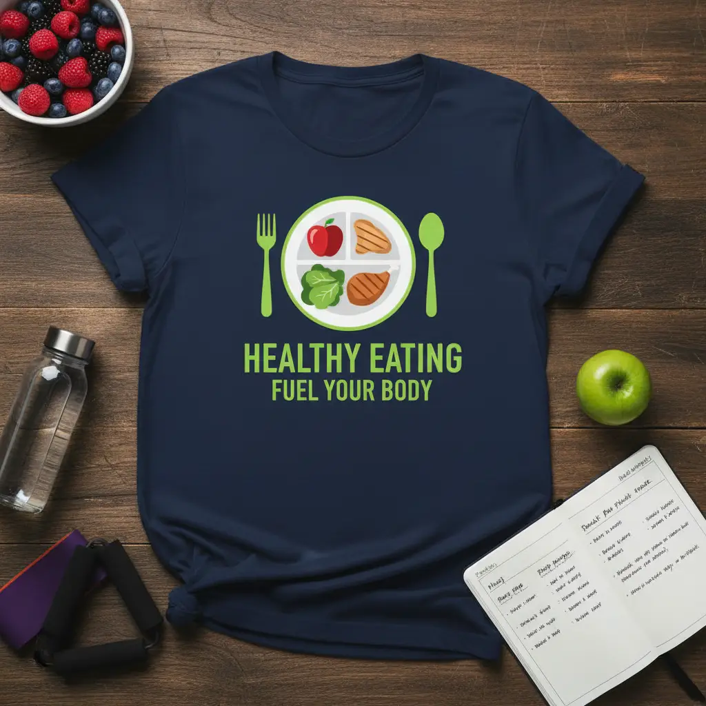 HEALTHY EATING FUEL YOUR BODY motivational quote with a healthy food plate graphic on a navy t-shirt