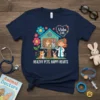 HEALTHY PETS, HAPPY HEARTS veterinarian t-shirt with a cartoon vet and cute animals in a treehouse