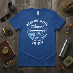 T-shirt with white text "HEAR THE WATER Whisper? I'M OFF!" above a graphic of fishing rods, water, and a fish