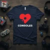 Navy blue t-shirt with a red heart graphic and the white text "CONSOLES" below it, representing gaming consoles