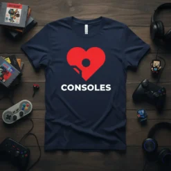 Navy blue t-shirt with a red heart graphic and the white text "CONSOLES" below it, representing gaming consoles