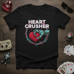 Black t-shirt with "Heart Crusher" text and a robotic arm holding a broken heart graphic