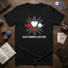 Black t-shirt with white text "HEART DIAMOND CLUB SPADE" and a graphic of playing card suits radiating outwards