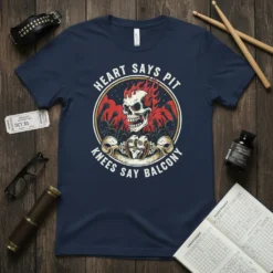 Heart Says Pit Knees Say Balcony t-shirt with flaming skull graphic and concert crowd illustration